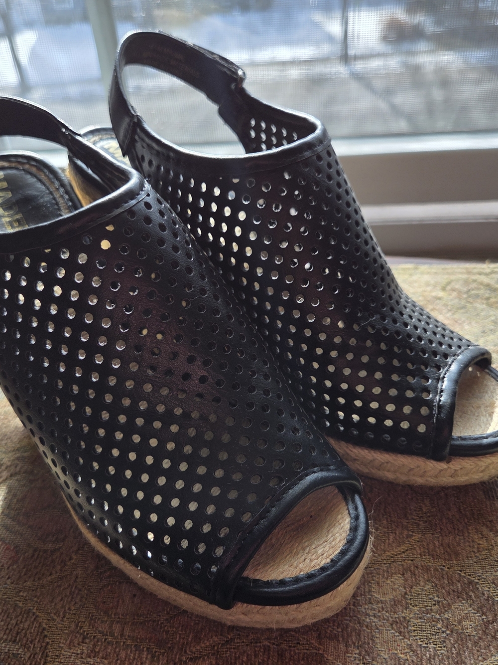 Madden Girl Black Perforated Peep-Toe Wedge Sandals
